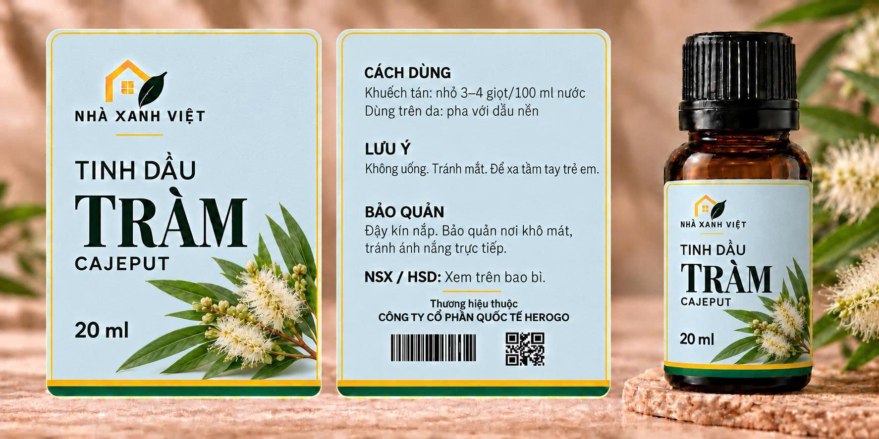 Nhãn và nhận diện tinh dầu Tràm Cajeput NHÀ XANH VIỆT.