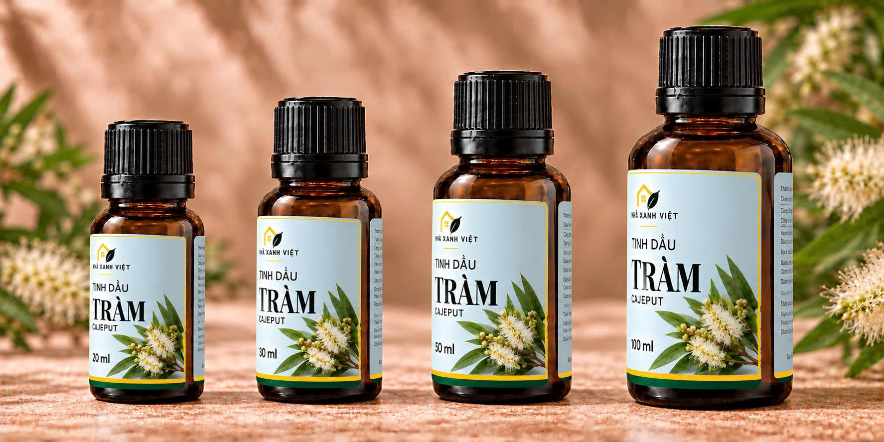 Tinh dầu Tràm Cajeput NHÀ XANH VIỆT có đủ dung tích 20, 30, 50 và 100 ml.