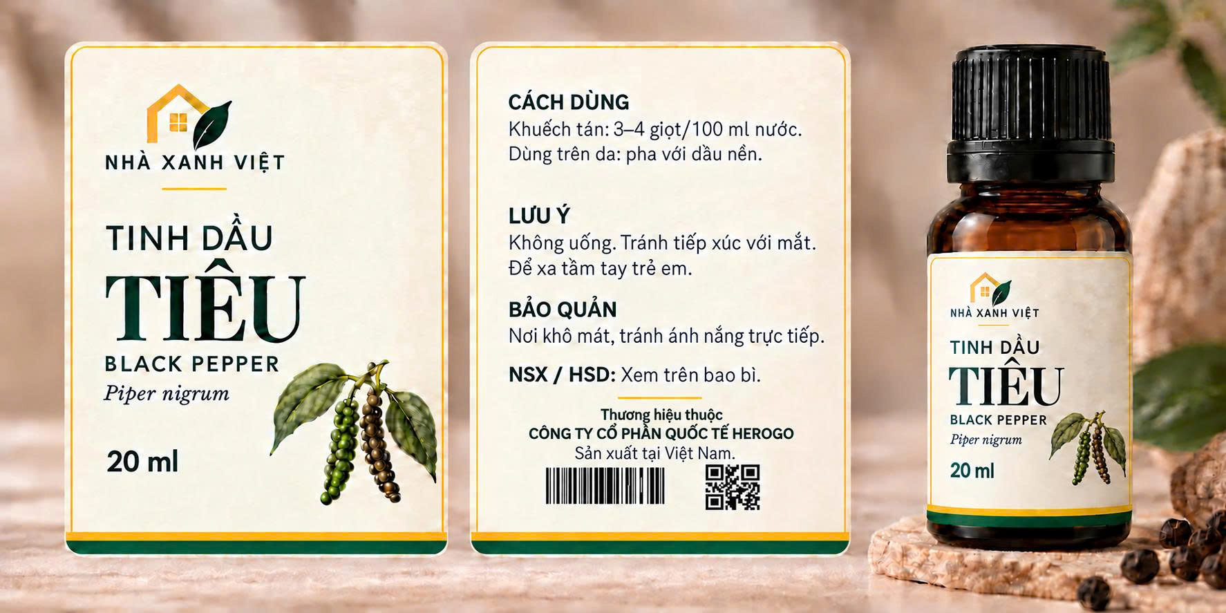 Nhãn và nhận diện tinh dầu Tiêu Black Pepper NHÀ XANH VIỆT.