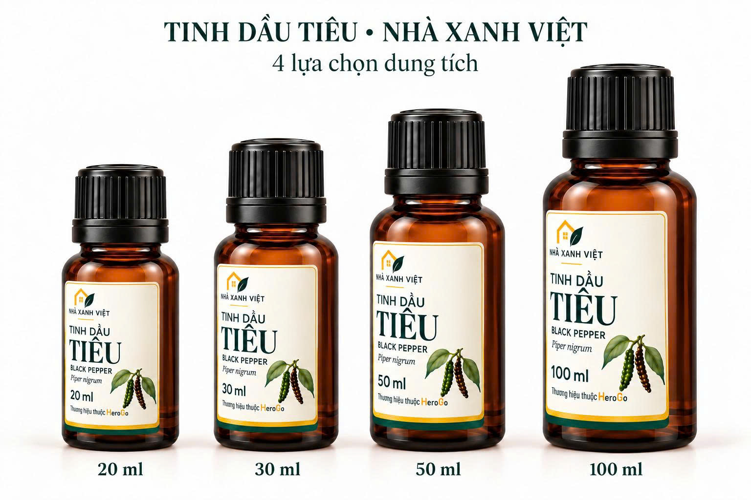 Tinh dầu Tiêu Black Pepper NHÀ XANH VIỆT có đủ dung tích 20, 30, 50 và 100 ml.