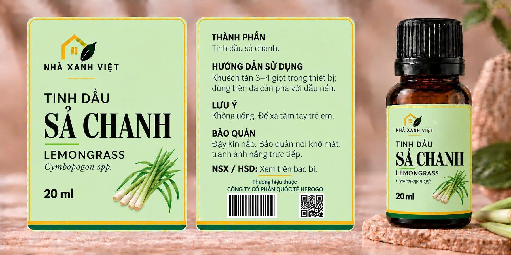 Nhãn và nhận diện tinh dầu Sả Chanh Lemongrass NHÀ XANH VIỆT.